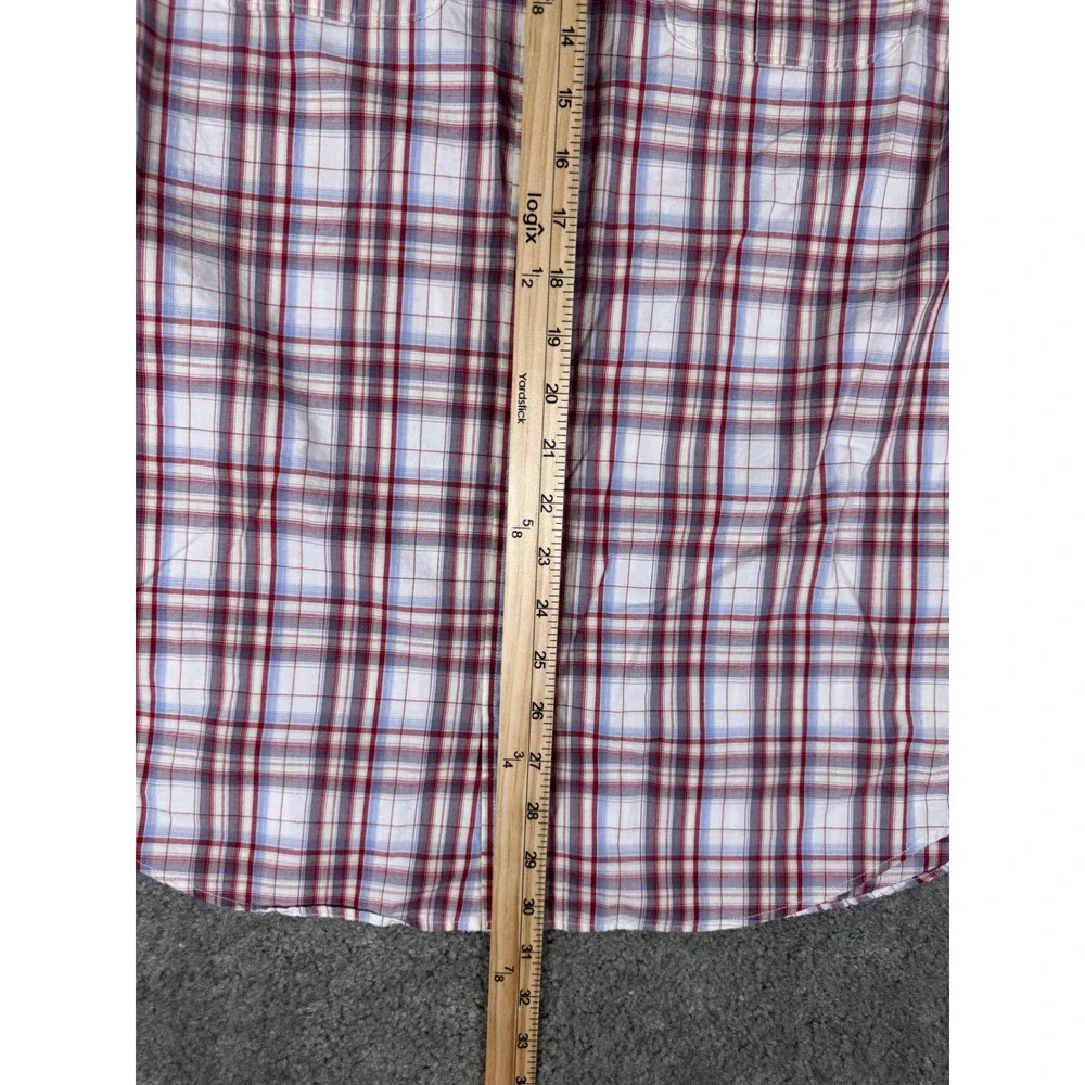 Banana Republic Men Large Plaid Button Down Shirt Red White Blue Roll Tab Cotton
